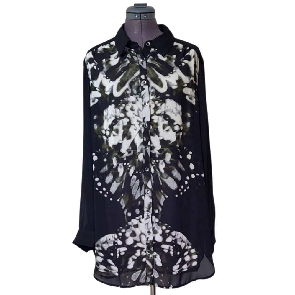 LG NWT Point Zero Monochrome Abstract Butterfly Sheer Blouse